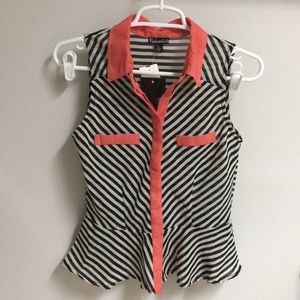 Shaped Button-Up Peplum Tank Blouse w/Melon Detail